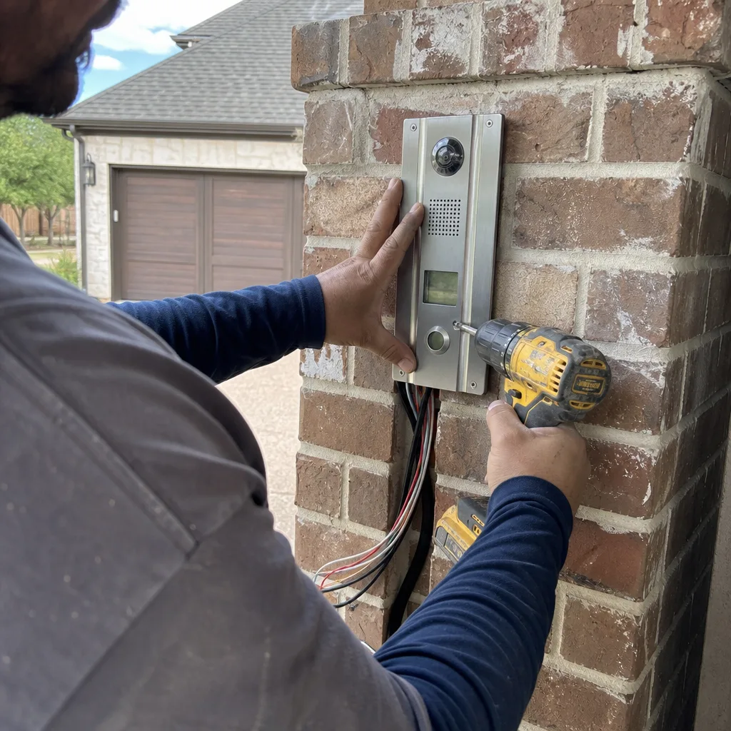 Technician installing a video intercom gate access control system on brick in Allen, TX
