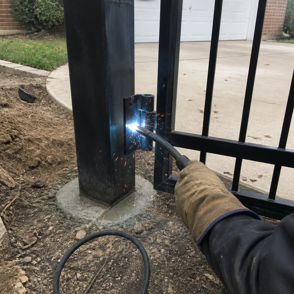 Welder installing a metal gate hinge onto a post