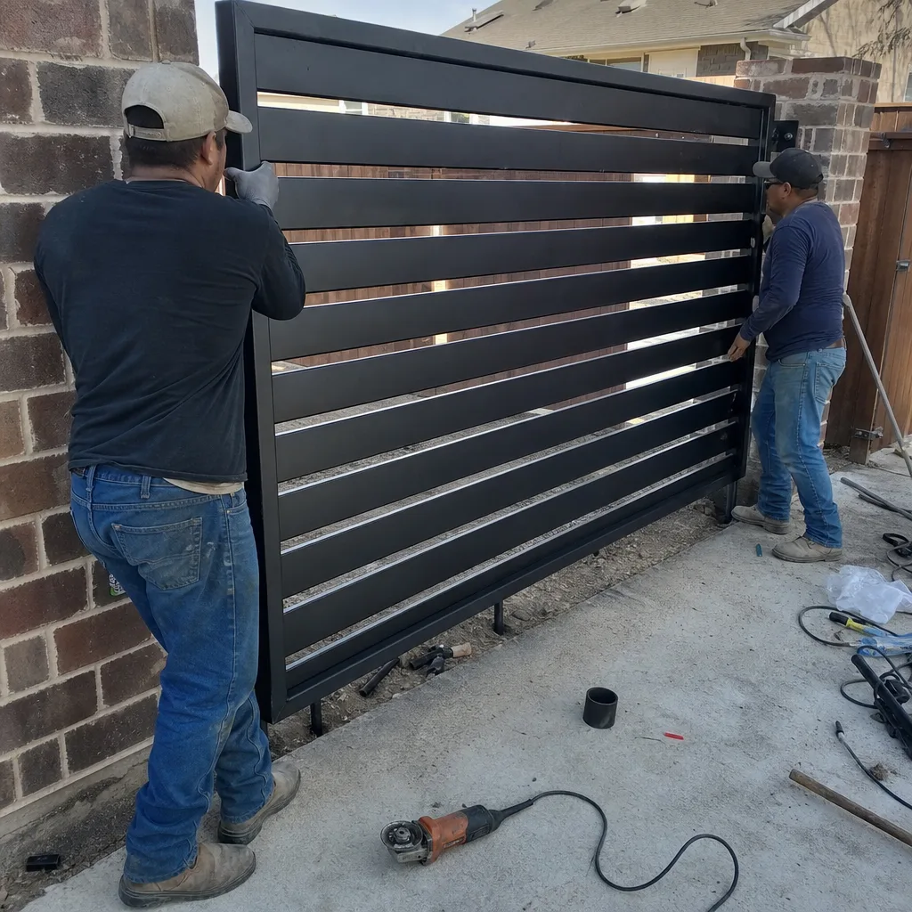 Two contractors performing professional horizontal slat gate installation