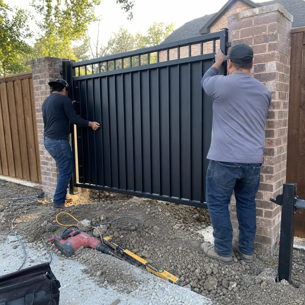 Two professional technicians installing a black metal driveway gate in Allen, TX