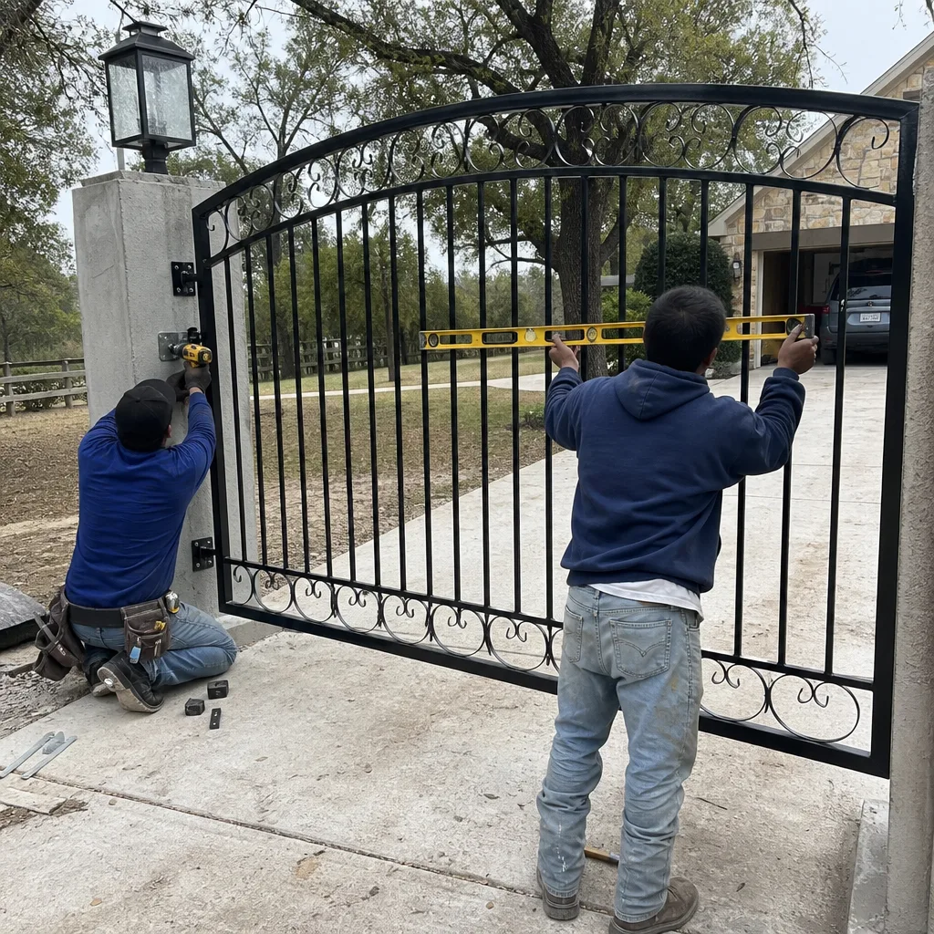 Professional technicians installing a custom wrought iron driveway gate