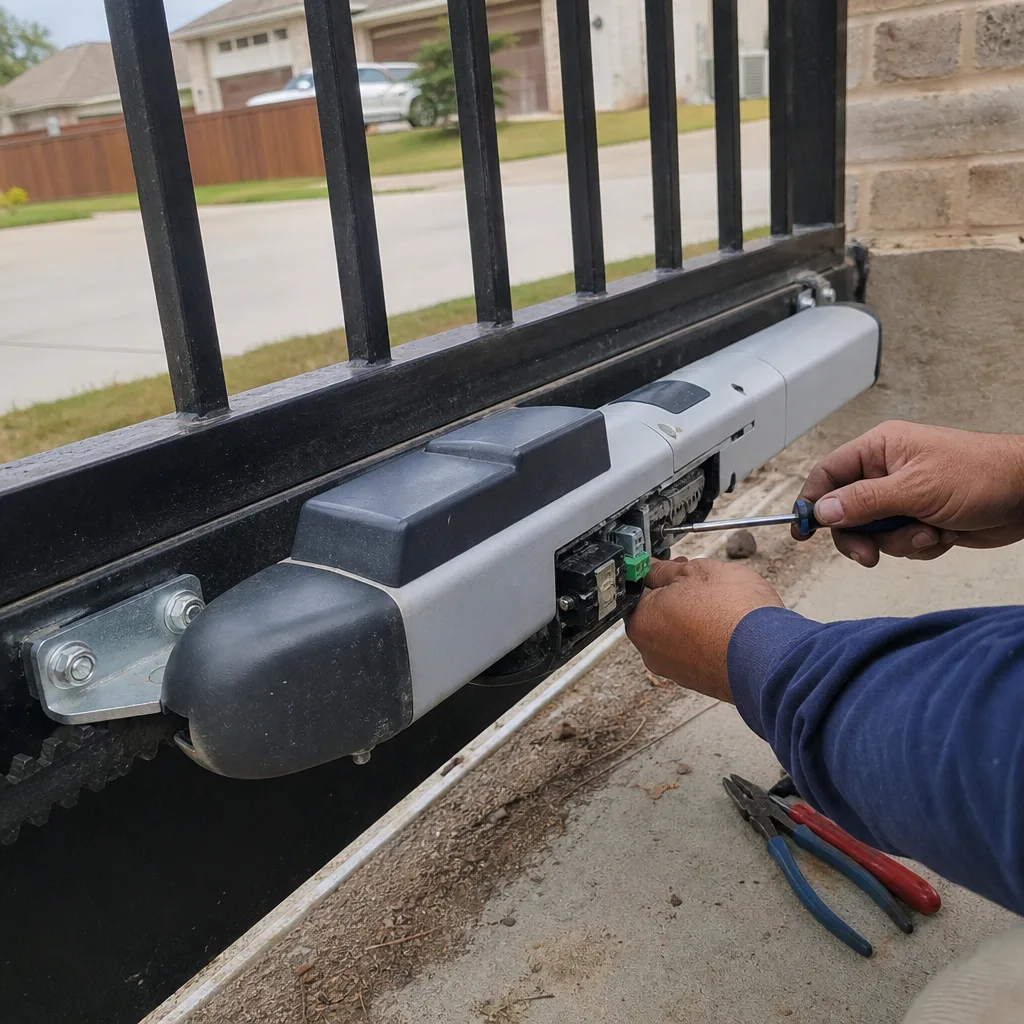 Technician performing professional repair on an automatic sliding gate motor in Allen, TX