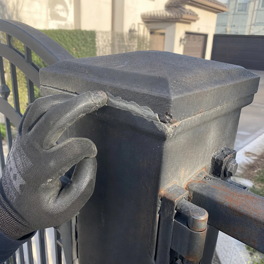 Professional gate post repair showing sealant application on metal fence cap in Allen, TX